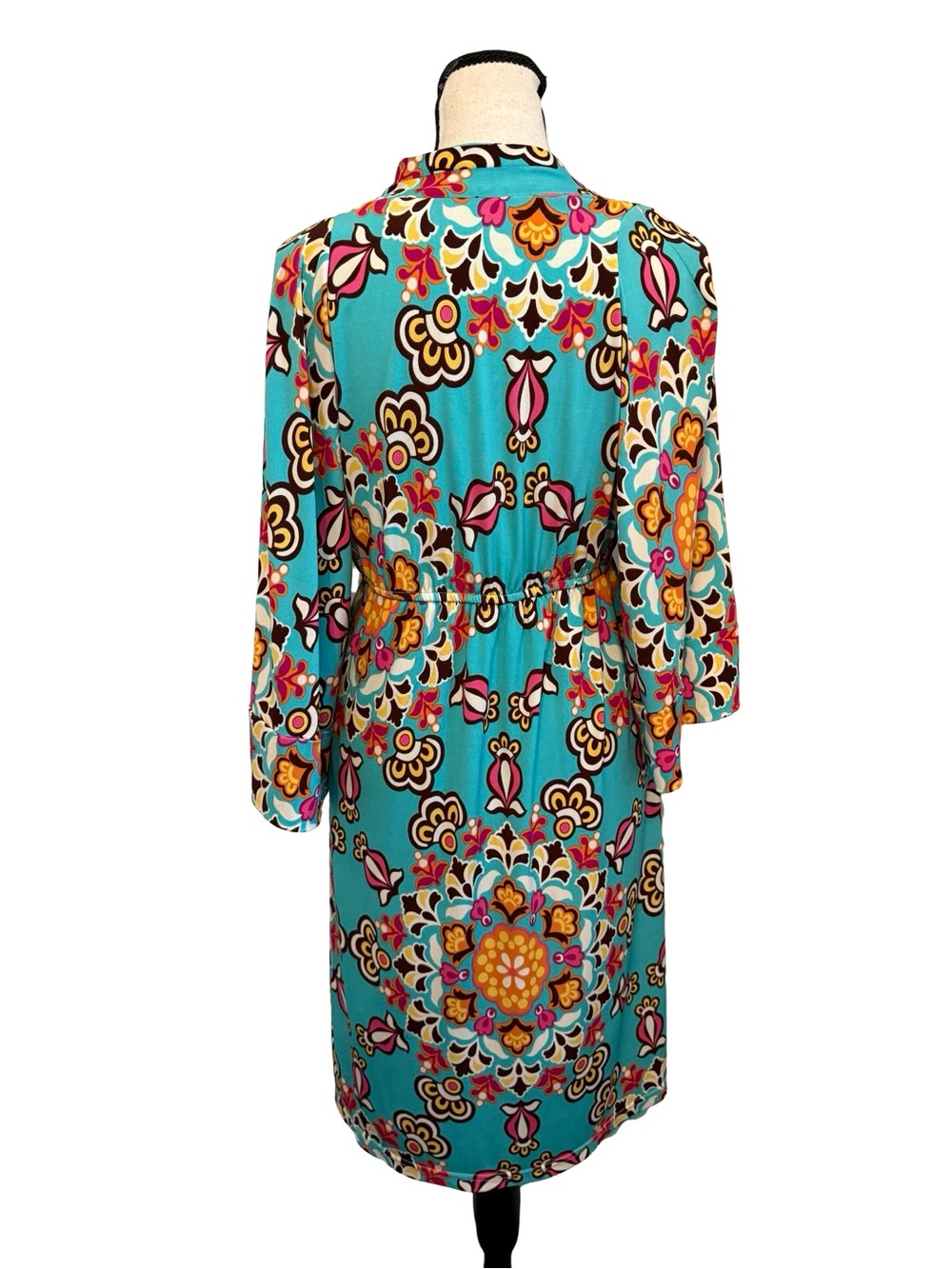 Judith March Boho Empire Waist Midi Dress Large Turquoise Retro Floral Made USA - Picture 4 of 12
